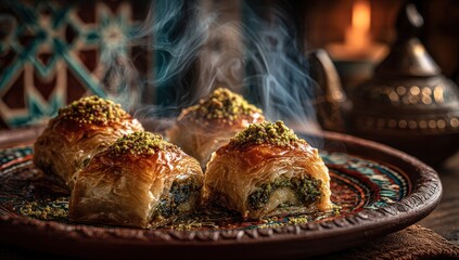 Delicious baklava pieces arranged on an ornate plate, garnished with crushed pistachios, emitting steam, showcasing traditional dessert artistry and cultural richness