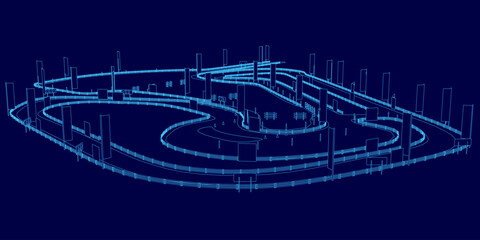 A detailed blueprint of a complex race track contour features distinct sections for high-speed and drift maneuvers against a solid blue background. © German Ovchinnikov