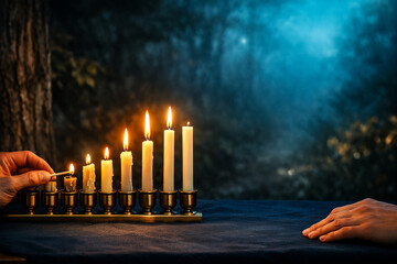 Hand lighting Hanukkah menorah candles in a magical forest at night