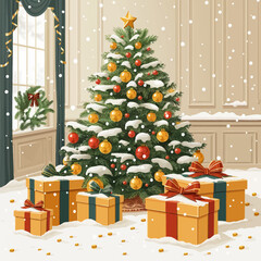Vector Christmas Tree with Gifts and Snow in Cozy Room