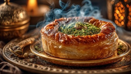 Delicious pastry dessert with green nut filling, beautifully presented on ornate plate, surrounded by warm candlelight, creating an inviting atmosphere for culinary enjoyment