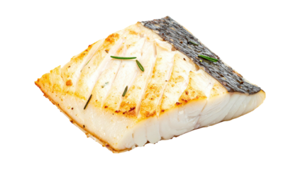 A cooked fish fillet, charred edges and herb garnish, isolated on black