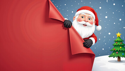 Santa Claus joyfully holding a big red banner in a snowy landscape with a Christmas tree
