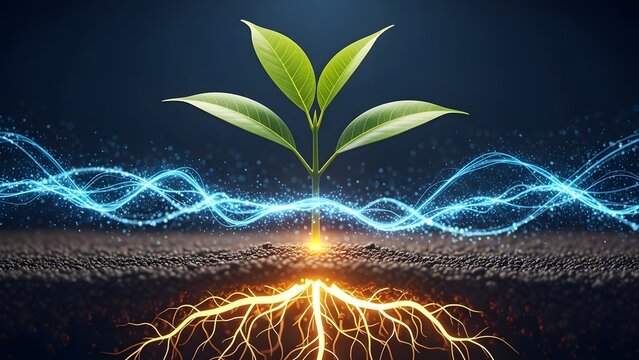 Sustainable agriculture and plant growth technology. Environmental energy and bioengineering. Young sprout growing from soil with glowing roots and blue energy waves