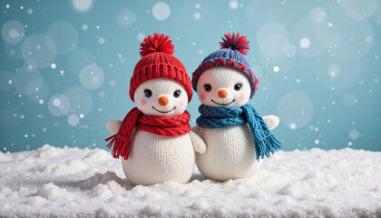 Two cute snowmen wearing colorful hats and scarves in a snowy winter background