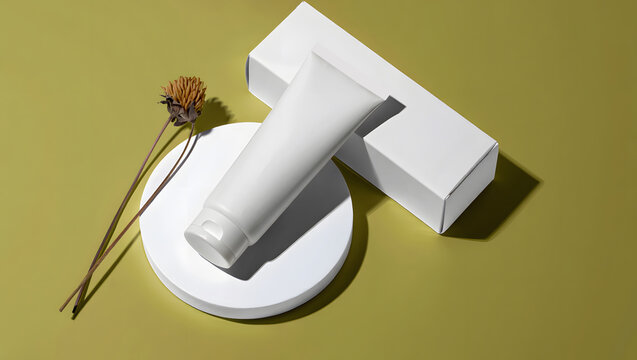 a minimalist still life featuring a white cosmetic tube a simple box and a dried flower on a circular platform presented as a silhouette high quality