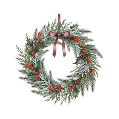 Watercolor Festive Holiday Wreath with Berries and Ribbon Bow