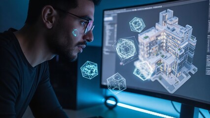 Man working on a computer with 3D architectural models in dark room - Concept of digital technology, collaboration, remote work, learning, teamwork  