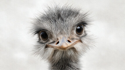 Close-up of ostrich head with fluffy gray feathers and large dark eyes isolated on a transparent background