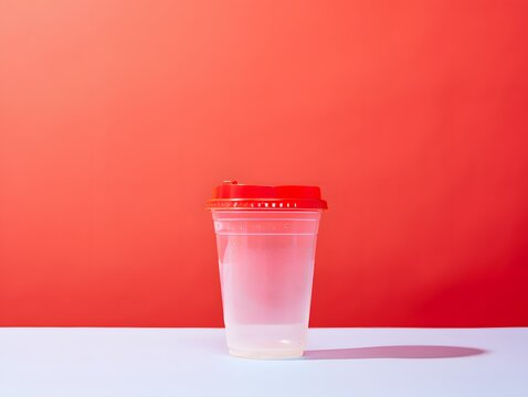 Red Lid Plastic Shaker Bottle on White Surface and Red Background for Health and Fitness