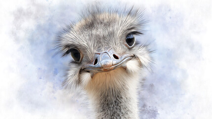 Close-up of ostrich head with gray feathers and black eyes isolated on a transparent background bird