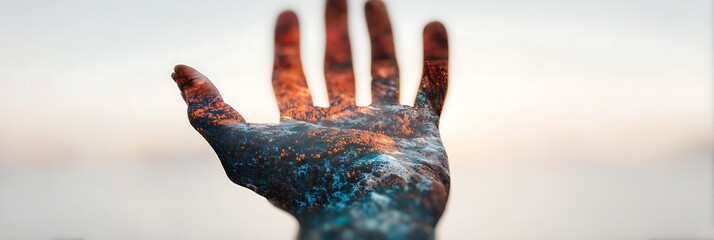 A vibrant hand appears against a soft backdrop, encapsulating a blend of colors resembling water and cosmic elements, symbolizing connection and creativity.