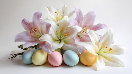 Pastel colored easter eggs and lilies isolated on a transparent background flowers pastel colors
