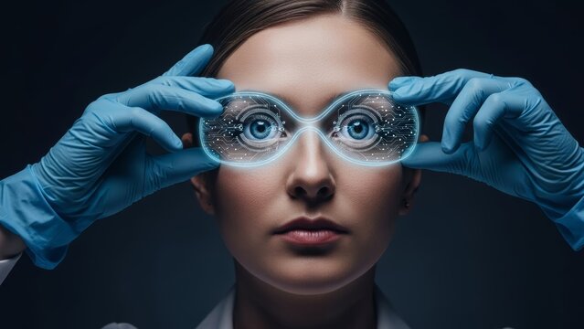 Woman wearing futuristic augmented reality glasses with glowing digital interface. - Powered by Adobe