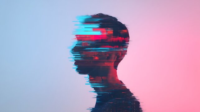 A digital illustration depicting a distorted silhouette of a person, showcasing vibrant colors and glitch effects.