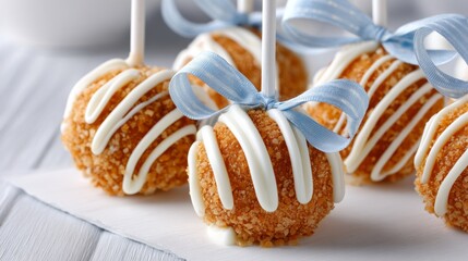 Close-up of several delicious vanilla cake pops sitting elegantly on a white surface. Each pop is adorned with creamy white drizzle and charming blue ribbons, perfect for festivities