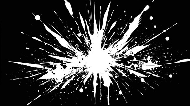 A dynamic white paint splatter exploding outwards on a stark black background, creating an abstract burst.