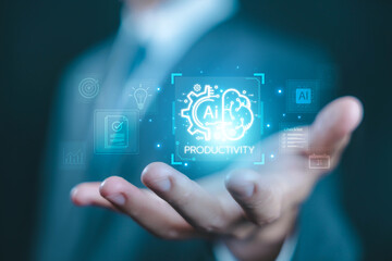 Businessman shows artificial intelligence productivity concept with digital AI brain interface, automation icons, data processing, smart workflow, innovation technology, and future business efficiency