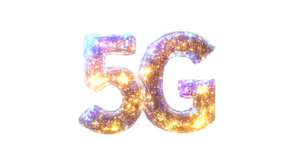 Glowing 5g symbol in digital portal style with purple, blue, and orange sparkles on white background, representing high speed and connectivity technology