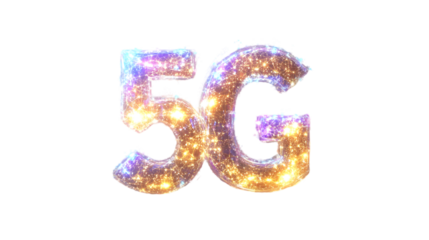Glowing 5g symbol in digital portal style with purple, blue, and orange sparkles on white background, representing high speed and connectivity technology