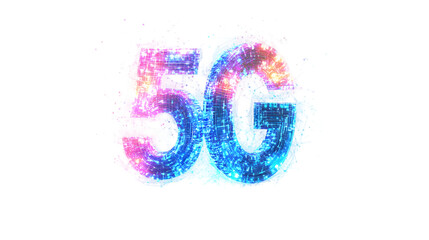 Glowing 5g network symbol in digital portal style on pure white background with vibrant pink blue and purple hues
