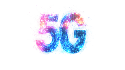 Glowing 5g network symbol in digital portal style on pure white background with vibrant pink blue and purple hues