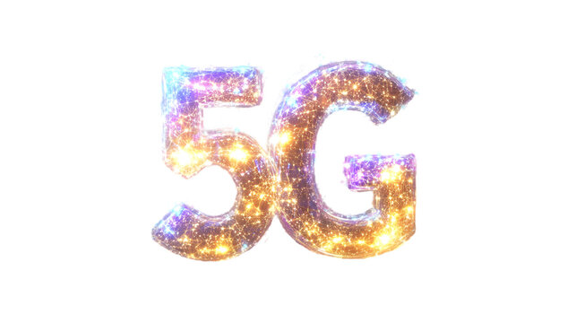 Glowing 5g symbol in digital portal style with purple, blue, and orange sparkles on white background, representing high speed and connectivity technology - Powered by Adobe