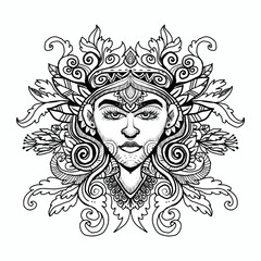Ornamental Goddess Face Line Art with Floral Mandala and Ethnic Decorative Pattern