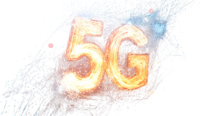 Glowing 5g network symbol in digital portal style on pure white background with orange and yellow gradient light effect