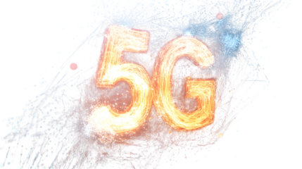 Glowing 5g network symbol in digital portal style on pure white background with orange and yellow gradient light effect