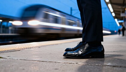 A close-up shot focuses on a person's feet in polished black dress shoes, standing on a train station platform as a blurry train speeds by.