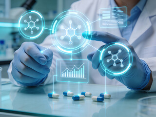 A scientist in blue gloves and white lab coat, interacting with a holographic display showing molecular structures and data.