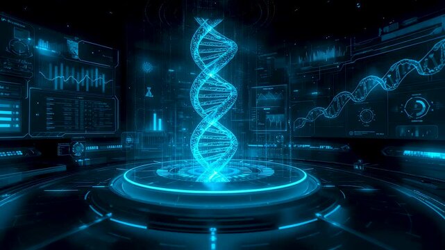 Glowing Blue DNA Helix Double Strand Hologram Pedestal Scientific Display Dark Lab Background