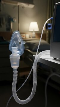 Close up of a medical breathing mask and nebulizer machine in a dimly lit patient room.