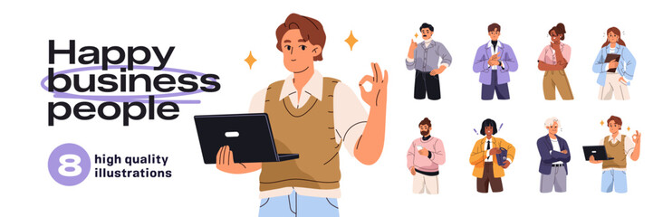 Happy business people set. Employees with positive emotions and approval hand gestures. Office workers show signs of success and winning. Flat isolated vector illustrations on white background