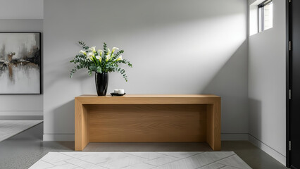 Modern luxury entryway interior with wooden console table flowers and copy space