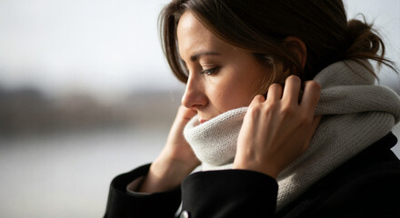 Young woman adjusting scarf while standing outdoors in winter  
