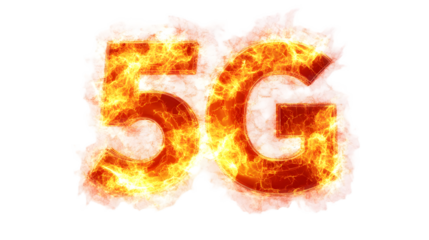 Red fiery 5g typography with glowing heat effect isolated on white background for tech and communication concepts