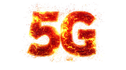 Red fiery 5g typography with glowing heat effect isolated on white background for tech and communication concept