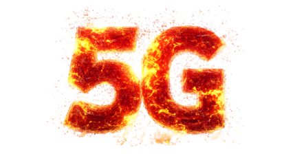 Red fiery 5g typography with glowing heat effect isolated on white background for tech and communication concept