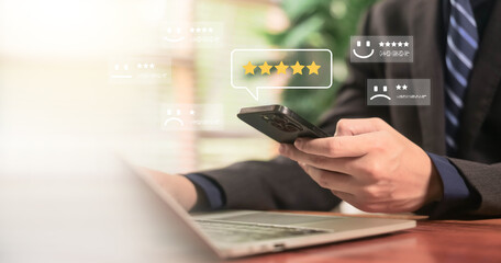 Customer feedback and five-star review icons. concept of satisfaction evaluation, online review survey system, and experience service rating of an employee. business service quality.