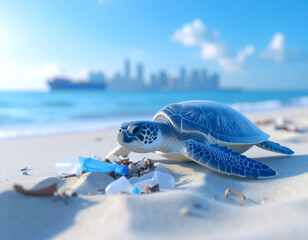 Sea turtle struggling on a polluted beach with plastic waste and ocean debris, environmental crisis concept  
Meeresschildkr&ouml;te am verschmutzten Strand mit Plastikm&uuml;ll
