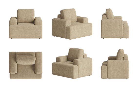Set of six views of a beige armchair with a simple geometrical shape and a boucle cover isolated in a transparent background. Front view, side views, top view, and perspectives. 3d rendering