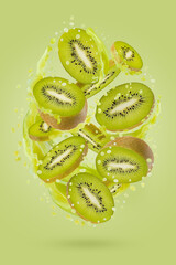 Fresh kiwi juice with ripe kiwi slices in splashing of green juice droplets levitated as energy flow on green background. Perfect for vegetarian diet food, juice label, detox cooking, advertising.