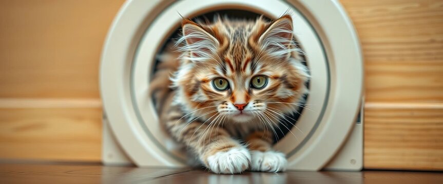 Fluffy tabby cat gracefully slipping through a pet door, pet,  home