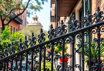 Intricate wrought iron railing, Savannah, Georgia historic district, classic southern architecture, fence, texture