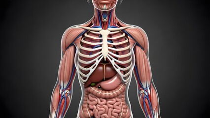 Hyperrealistic educational medical illustration of female human torso anatomy, front view from neck to lower abdomen, skin removed to reveal muscles, rib cage, heart, lungs, liver, stomach, intestines