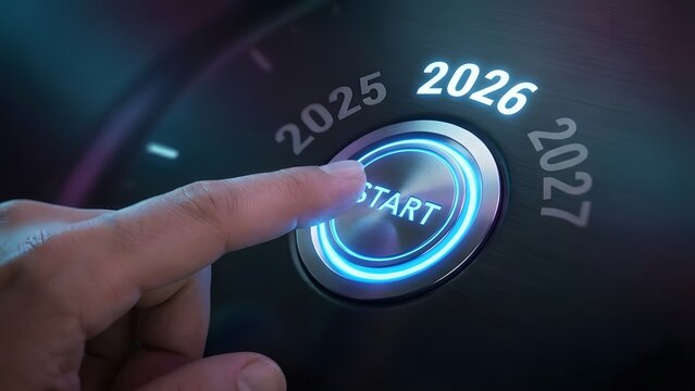 New Year 2026 start concept showing human finger pressing glowing digital start button, future beginning, fresh start, new goals, technology inspired new year transition background
