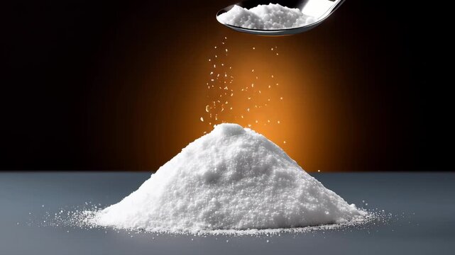 A spoon is scooping up a pile of white sugar. The spoon is almost empty, and the sugar is still on the spoon