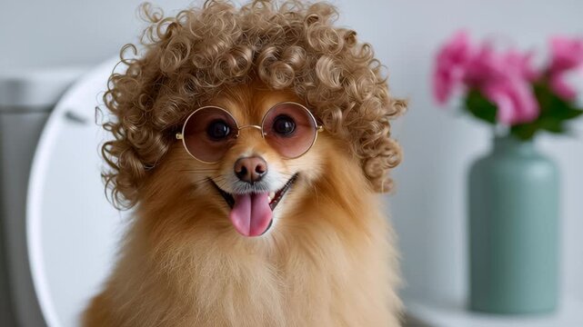 A dog with a wig and sunglasses is sitting on a toilet. The dog is smiling and has its tongue out. The scene is playful and lighthearted